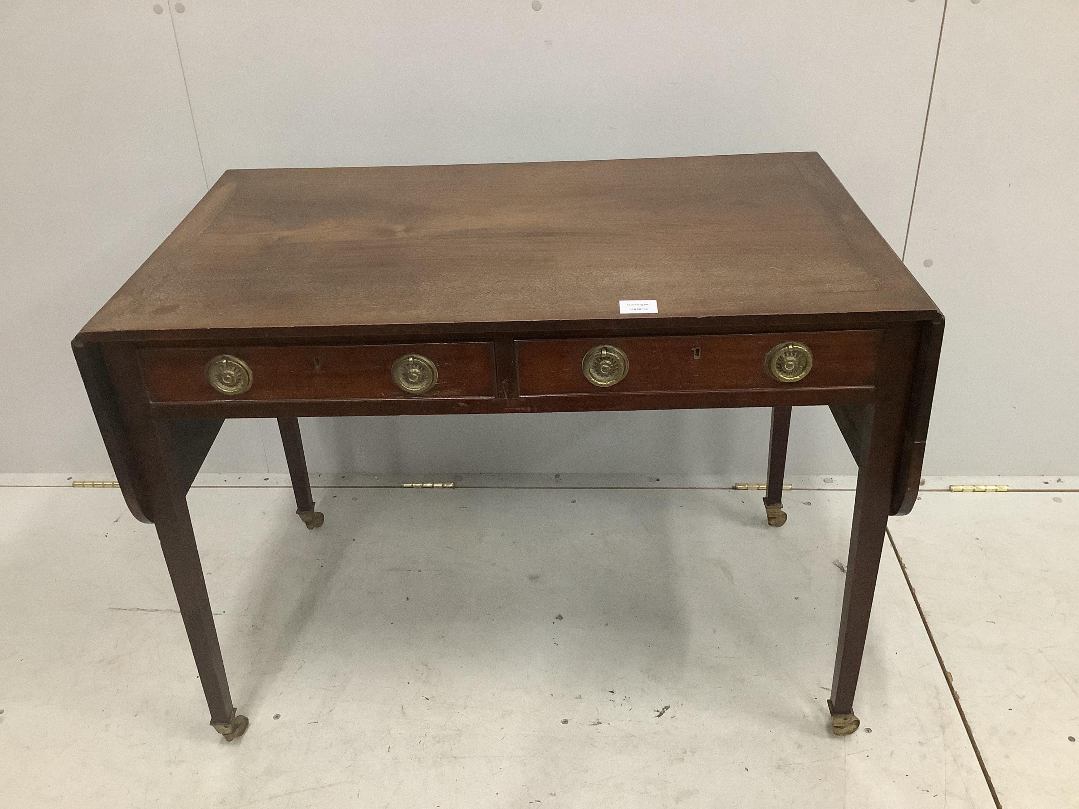 A George III mahogany drop leaf side table, width 92cm, depth 55cm, height 70cm. Condition -fair